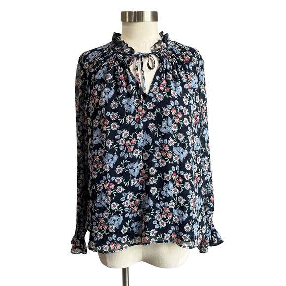 Loft Floral Blue Smocked Ruffle Tie Neck Blouse Size L Petite - Picture 1 of 9